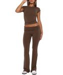 GRMLRPT Women's 2 Piece Lounge Sets Fold-Over Flare Leggings Pants Matching Slim Fit Short Sleeve Cropped Top Y2k Pajama Outfits,S-Coffe,L