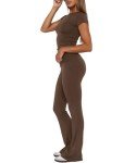 GRMLRPT Women's 2 Piece Lounge Sets Fold-Over Flare Leggings Pants Matching Slim Fit Short Sleeve Cropped Top Y2k Pajama Outfits,S-Coffe,L