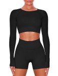 Buttergene Women Workout Sets 2 Pieces Long Sleeve Yoga Outfits Gym Clothes Seamless Ribbed Crop Top High Waist Leggings