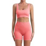 Ribbed Seamless Yoga Set Two Piece Workout Sets For Women Sports Bra With Highwaist Shorts Outfits, Peach Red, Medium