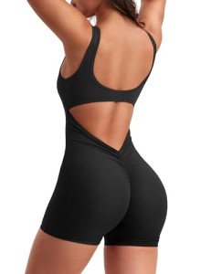 YEOREO One Piece Workout Jumpsuits for Women Backless Tummy Control Sleeveless Jumpsuits Lizvette V Back Scrunch Yoga Romper Black M