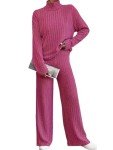VUTRU Women's 2 Piece Outfits Ribbed Knit Sweater Sets High Neck Pullover Top Wide Leg Pants Tracksuit Lounge Sets