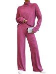VUTRU Women's 2 Piece Outfits Ribbed Knit Sweater Sets High Neck Pullover Top Wide Leg Pants Tracksuit Lounge Sets