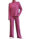 VUTRU Women's 2 Piece Outfits Ribbed Knit Sweater Sets High Neck Pullover Top Wide Leg Pants Tracksuit Lounge Sets