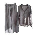 2 Piece Cotton Linen Outfits for Women Casual Lounge Sets Long Sleeve Buttons Shirts Plus Size Wide Leg Pants Sets