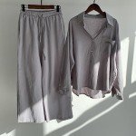 2 Piece Cotton Linen Outfits for Women Casual Lounge Sets Long Sleeve Buttons Shirts Plus Size Wide Leg Pants Sets