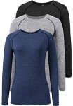 Ullnoy Long Sleeve Workout Tops for Women Dry Fit Yoga Athletic Running T Shirt Womens Long Sleeve Moisture Wicking Tee Shirt 3 Pack Black/Gray/Navy M