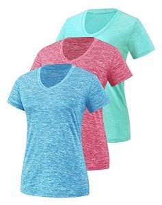 Cosy Pyro 3 Pack Women's Short Sleeve Dry Fit T-Shirts Moisture Wicking Athletic V-Neck Gym Tee Exercise Yoga Tops Azure/Rose/Blue XL