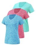 Cosy Pyro 3 Pack Women's Short Sleeve Dry Fit T-Shirts Moisture Wicking Athletic V-Neck Gym Tee Exercise Yoga Tops Azure/Rose/Blue XL