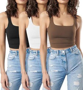 SUNDELL 3 Pack Crop Tank Tops for Women Casual Sleeveless Crop Tops Double Layer Cropped Yoga Workout Tops (Black/White/Dark Brown-S)