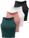 Kole Meego 4 Pack Cotton Crop Tops for Women Workout Cropped Tank Top High Neck Camisole Yoga Shirts Athletic Undershirts Black/White/Coral/DEEP Greem L