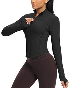 QUEENIEKE Workout Running Jackets for Women Zip Up Athletic Yoga BBL Jacket Cropped Tops with Thumb Holes (Black, S)