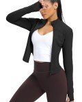 QUEENIEKE Workout Running Jackets for Women Zip Up Athletic Yoga BBL Jacket Cropped Tops with Thumb Holes (Black, S)