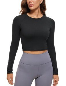 CRZ YOGA Womens Long Sleeve Crop Workout Tops Athletic Yoga Running Cropped Tops Slim Fit Gym Shirts Black Small