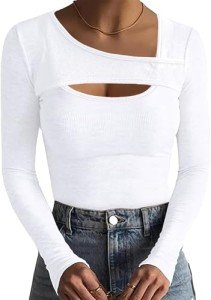 Necooer Womens Tops Fashion Fall Cutout Long Sleeve Knit Ribbed Stretch Slim Fitted Scoop Neck Yoga Shirts Top for Women Pure White