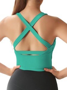 Honlyps Criss Cross Workout Tops for Women Backless Strappy Sports Bra Longline Fitness Yoga Crop Tank Top with Bulit in Bra, Green, Medium