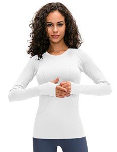 LUYAA Women's Workout Tops Long Sleeve Shirts Yoga Sports Breathable Gym Athletic Top Slim Fit, White, Medium