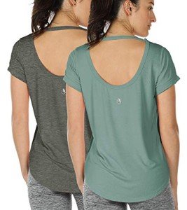 icyzone Open Back Yoga Shirts for Women - Exercise Workout Tops, Athletic Short Sleeves, Running T-Shirts Loose Fit (Charcoal/Agate Green, M)