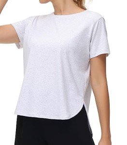 THE GYM PEOPLE Women's Workout T-Shirts Loose Fit Short Sleeve Cotton Running Basic Tee Tops with Split Hem Heather White