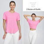 BALEAF Women's Workout Tops Short Sleeve Gym Athletic Yoga Loose Fit Quick Dry Running T-Shirts Side Slits Pink L