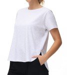 THE GYM PEOPLE Women's Workout T-Shirts Loose Fit Short Sleeve Cotton Running Basic Tee Tops with Split Hem Heather White