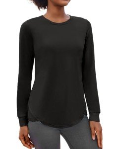 PINSPARK Long Sleeve Workout Tops for Women Yoga Shirts Crewneck Athletic Gym Running Sport Casual T-Shirt Black Large