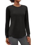 PINSPARK Long Sleeve Workout Tops for Women Yoga Shirts Crewneck Athletic Gym Running Sport Casual T-Shirt Black Large