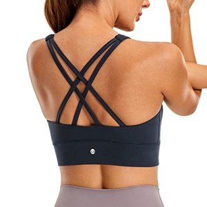 CRZ YOGA Womens Butterluxe Strappy High Neck Longline Sports Bra - Padded Criss Cross Back Workout Sports Bras Crop Tank Top True Navy Large