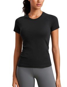 CRZ YOGA Seamless Workout Tops for Women Short Sleeve Athletic Tees Breathable Gym Running Yoga Tshirts Shirts Black Medium