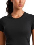 CRZ YOGA Seamless Workout Tops for Women Short Sleeve Athletic Tees Breathable Gym Running Yoga Tshirts Shirts Black Medium