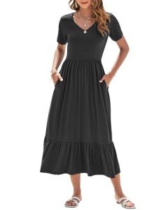 WNEEDU Women's Flowy V-Neck Maxi Dress - Black