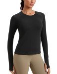 CRZ YOGA Womens Seamless Ribbed Workout Long Sleeve Shirts Quick Dry Gym Athletic Tops Breathable Running Shirt Black Medium