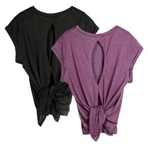 icyzone Open Back Workout Top Shirts - Yoga t-Shirts Activewear Exercise Tops for Women(Pack of 2) (M, Black/Grape)