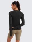 CRZ YOGA Womens Seamless Ribbed Workout Long Sleeve Shirts Quick Dry Gym Athletic Tops Breathable Running Shirt Black Medium