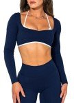 OZICERD Women Workout Tops Long Sleeve Shirt Gym Clothes Backless Built in Bra Athletic Crop Top Sport Femme Halter Yoga Tops Blue M