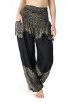 Lannaclothesdesign Women's Smocked Waist Boho Flowy Yoga Harem Pants Hippie Clothes, Black Plain Mandala, Medium