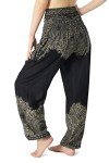 Lannaclothesdesign Women's Smocked Waist Boho Flowy Yoga Harem Pants Hippie Clothes, Black Plain Mandala, Medium