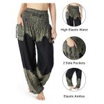 Lannaclothesdesign Women's Smocked Waist Boho Flowy Yoga Harem Pants Hippie Clothes, Black Plain Mandala, Medium