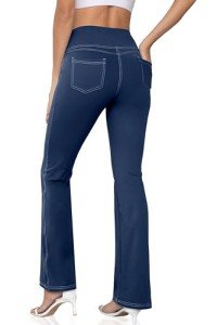 CHANLEED Women's Bootcut Yoga Pants, Wide Leg Leggings with Pockets High Waist Flare Dress Pants Petite/Regular/Tall（Navy Blue-L）