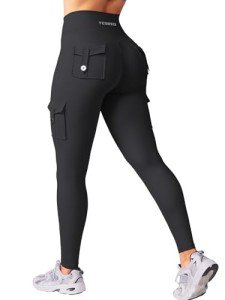 YEOREO Workout Cargo Leggings with Pockets for Women Hidden Scrunch Butt Lifting Hedda Leggings Compression Gym Yoga Pants Black Medium