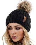 Warm Knit Beanie Hat with Faux Fur Pom