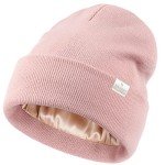 Light Pink Knit Beanie Hat with Silk Lining