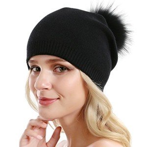 Cozy Cashmere Knit Beanie with Raccoon Pom Pom