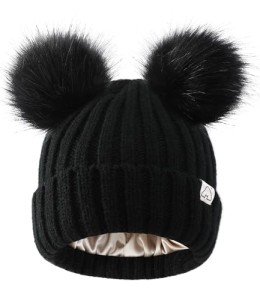 Satin Lined Winter Beanie with Faux Fur Poms