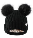 Satin Lined Winter Beanie with Faux Fur Poms