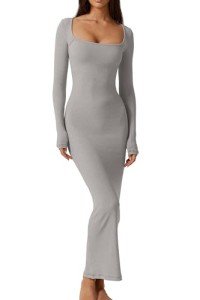 Grey Long Sleeve Ribbed Maxi Dress for Women