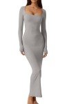 Grey Long Sleeve Ribbed Maxi Dress for Women
