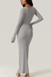 Grey Long Sleeve Ribbed Maxi Dress for Women
