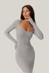 Grey Long Sleeve Ribbed Maxi Dress for Women