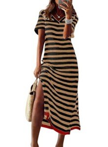 Dokotoo Maxi Dress for Women Casual V Neck Short Sleeve Stripe Split Long Dresses for Women Brown X Large